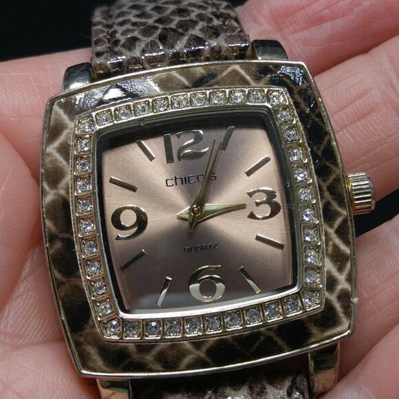 Chico's Faux Snake Skin Leather Watch, Clear Rhinestone Frame, 9 Inches - Picture 10 of 10